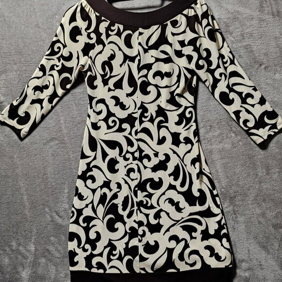 Sweet Storm Dress Women Medium Cream & Chocolate Brown 3/4 Sleeve Slip Stretchy - Picture 7 of 7